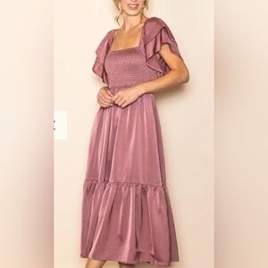 New Smocked Ruffle-Sleeve Maxi Dress in Mauve Balletcore Satin feel